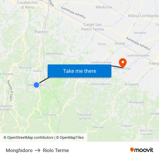 Monghidoro to Riolo Terme map