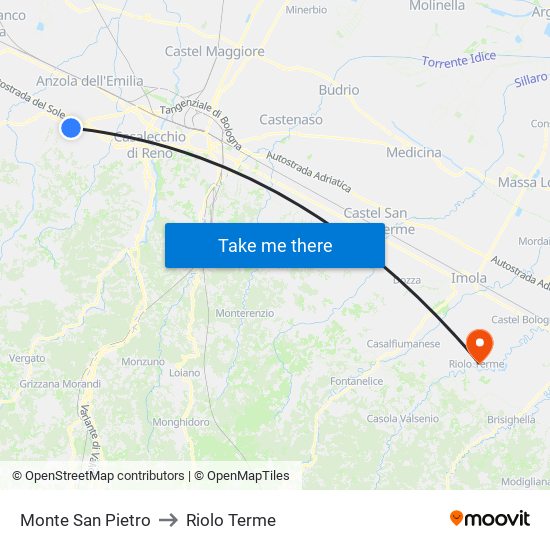 Monte San Pietro to Riolo Terme map