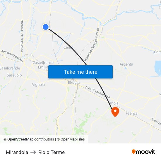 Mirandola to Riolo Terme map