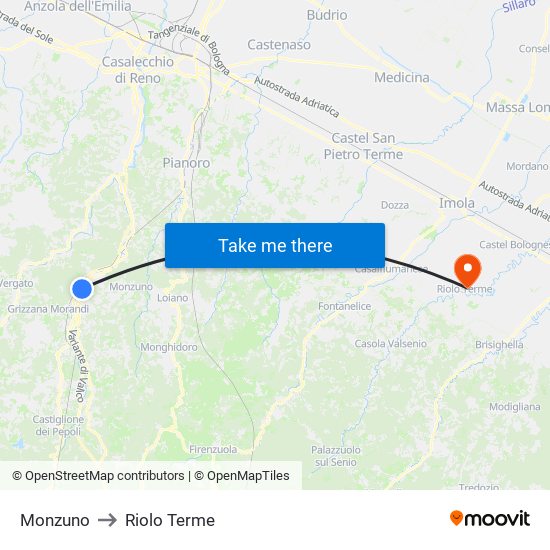 Monzuno to Riolo Terme map