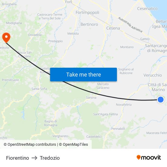 Fiorentino to Tredozio map