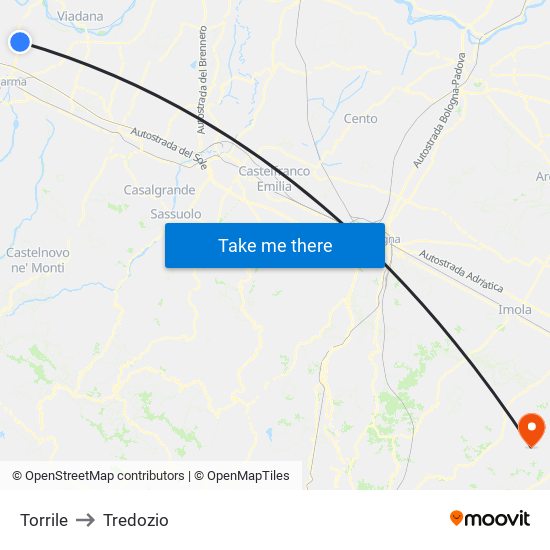 Torrile to Tredozio map