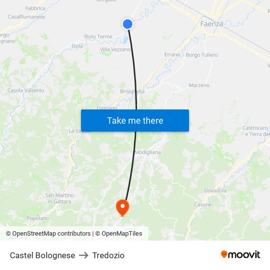 Castel Bolognese to Tredozio map