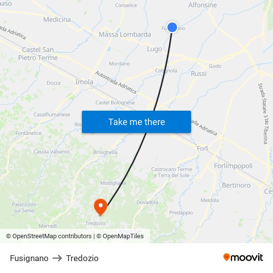 Fusignano to Tredozio map