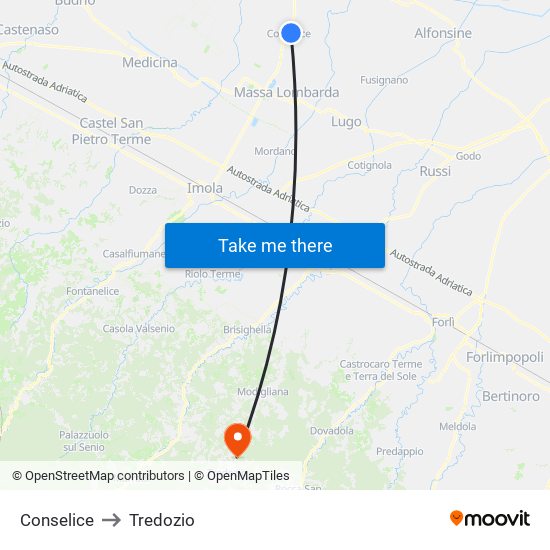 Conselice to Tredozio map