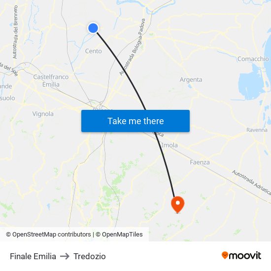 Finale Emilia to Tredozio map
