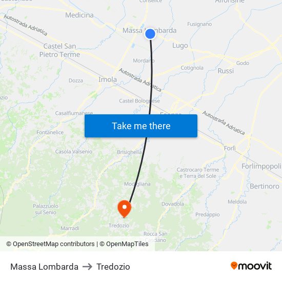 Massa Lombarda to Tredozio map