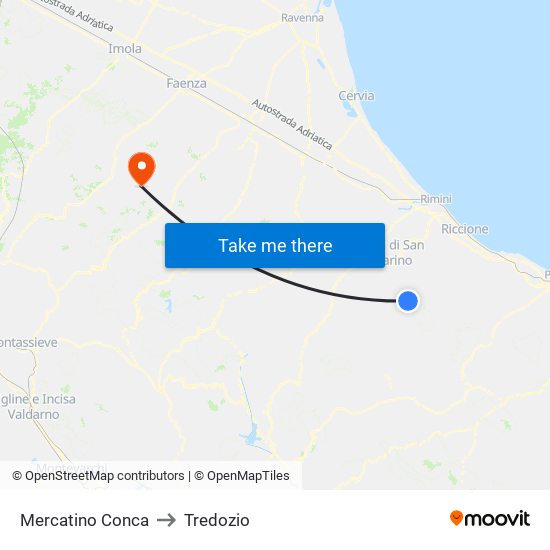 Mercatino Conca to Tredozio map