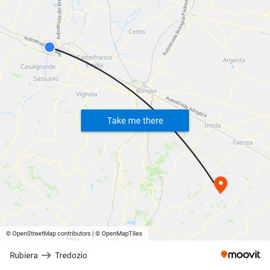 Rubiera to Tredozio map