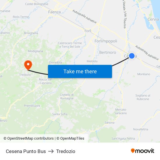 Cesena Punto Bus to Tredozio map