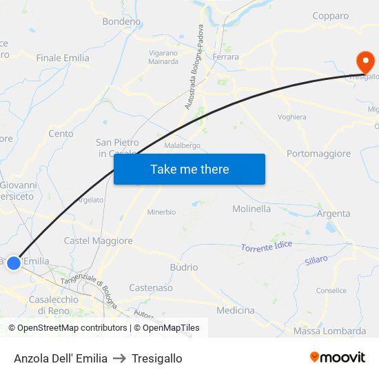 Anzola Dell' Emilia to Tresigallo map