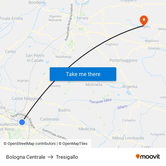 Bologna Centrale to Tresigallo map