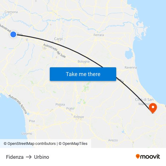 Fidenza to Urbino map