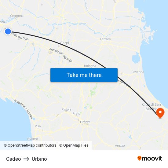 Cadeo to Urbino map