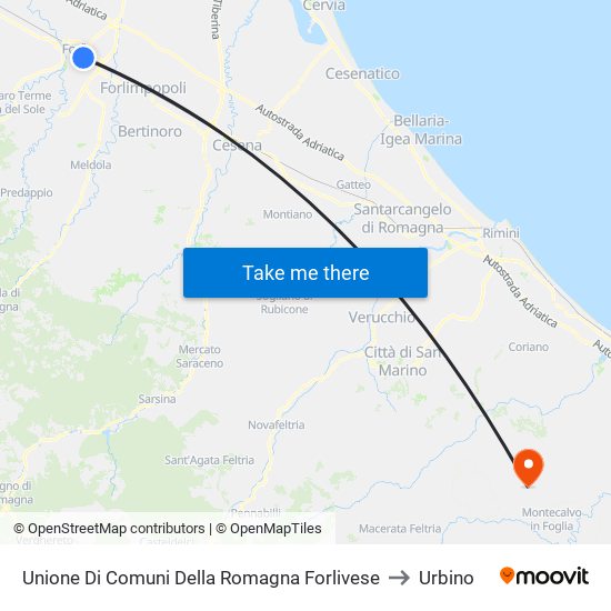 Unione Di Comuni Della Romagna Forlivese to Urbino map