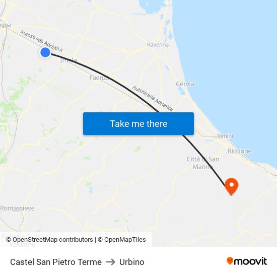 Castel San Pietro Terme to Urbino map