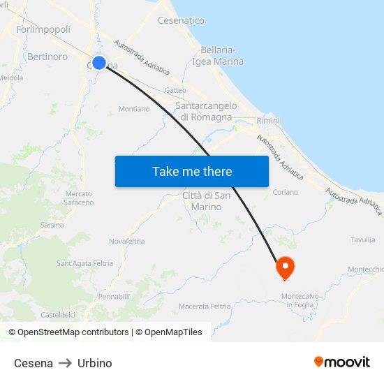 Cesena to Urbino map