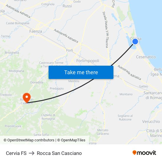 Cervia FS to Rocca San Casciano map