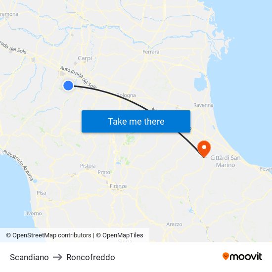 Scandiano to Roncofreddo map