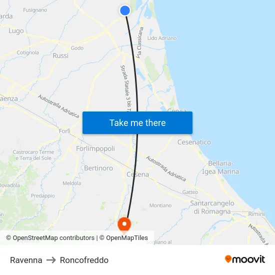 Ravenna to Roncofreddo map