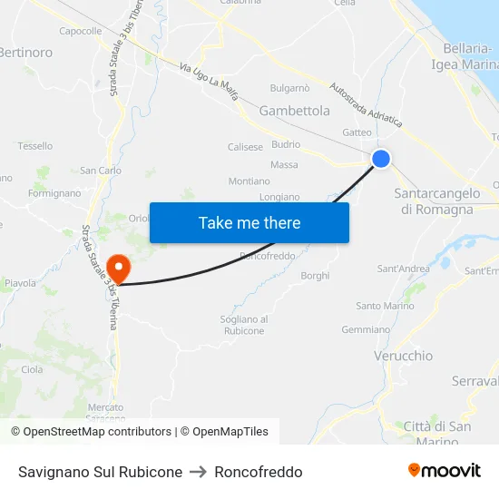 Savignano Sul Rubicone to Roncofreddo map