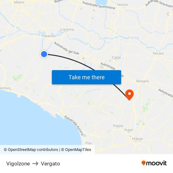 Vigolzone to Vergato map