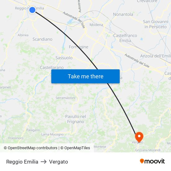 Reggio Emilia to Vergato map