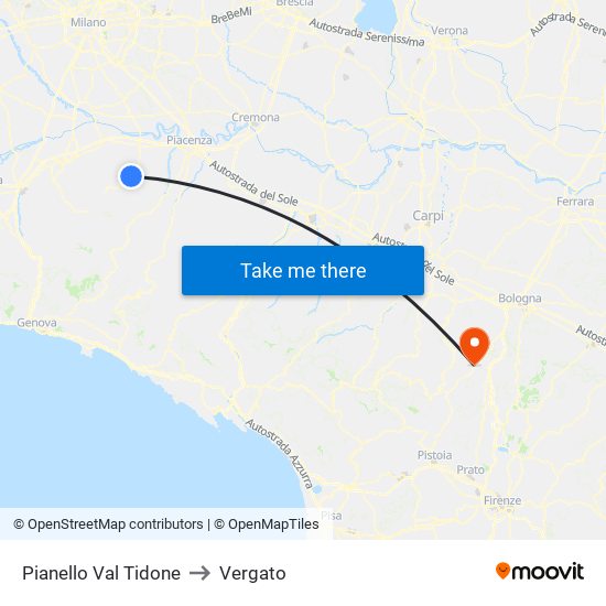 Pianello Val Tidone to Vergato map