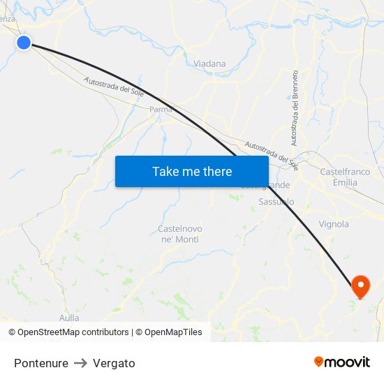 Pontenure to Vergato map