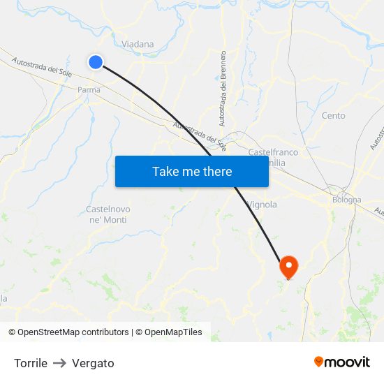 Torrile to Vergato map