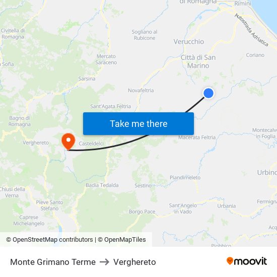 Monte Grimano Terme to Verghereto map