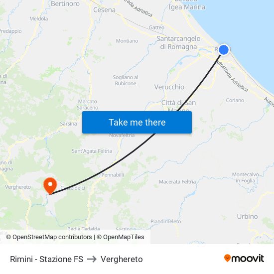 Rimini - Stazione FS to Verghereto map