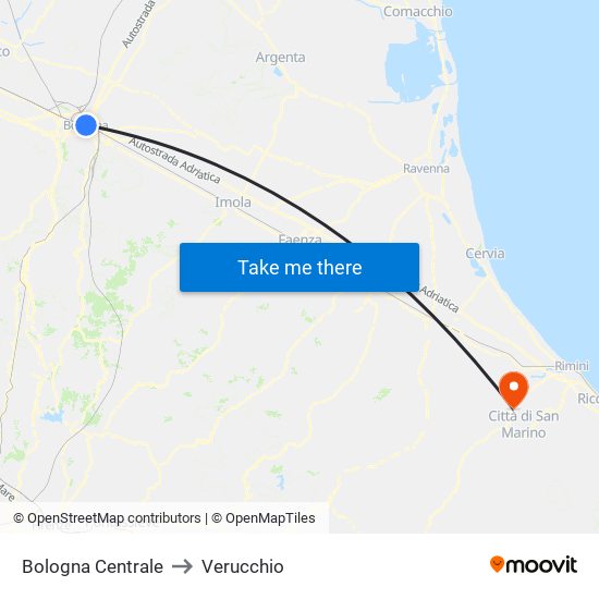 Bologna Centrale to Verucchio map