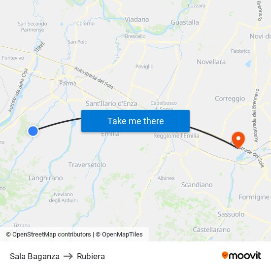 Sala Baganza to Rubiera map