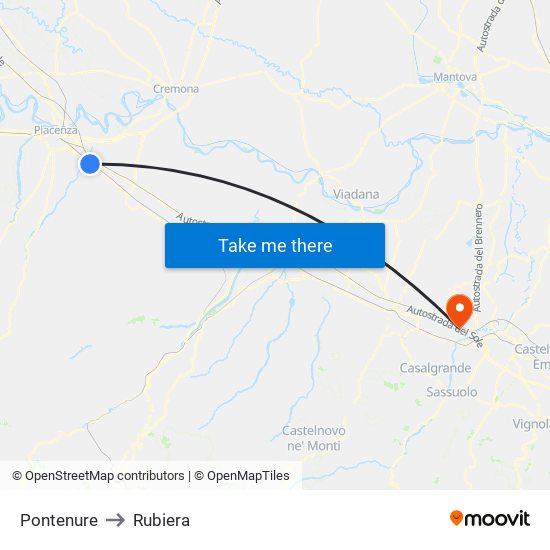 Pontenure to Rubiera map