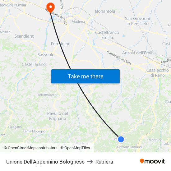 Unione Dell'Appennino Bolognese to Rubiera map