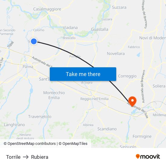 Torrile to Rubiera map