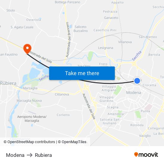 Modena to Rubiera map