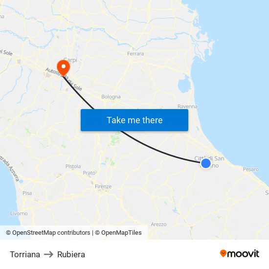 Torriana to Rubiera map