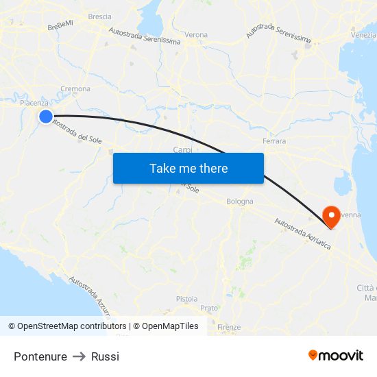 Pontenure to Russi map