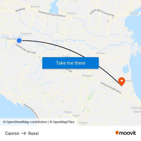 Caorso to Russi map