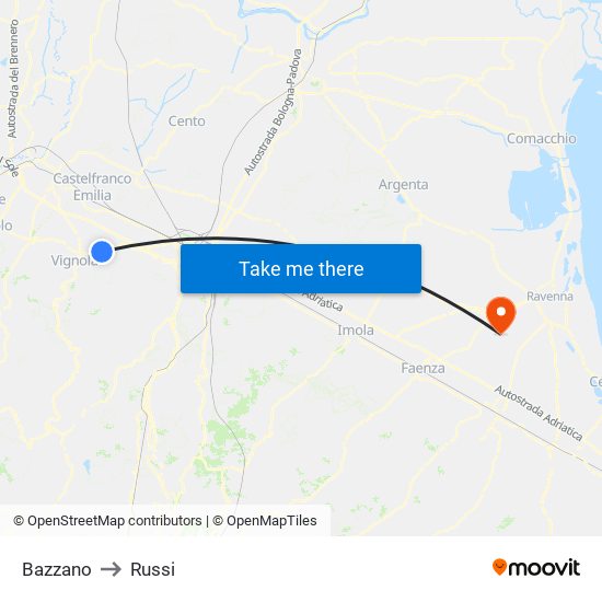 Bazzano to Russi map