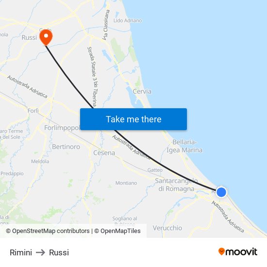 Rimini to Russi map