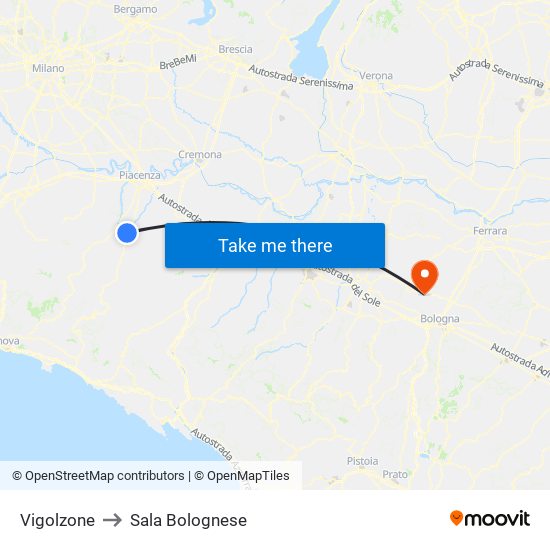 Vigolzone to Sala Bolognese map