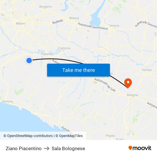 Ziano Piacentino to Sala Bolognese map