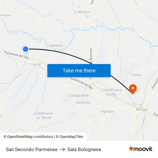 San Secondo Parmense to Sala Bolognese map