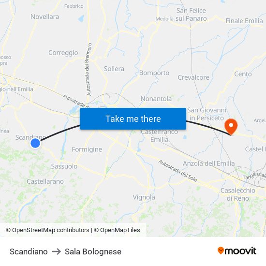 Scandiano to Sala Bolognese map