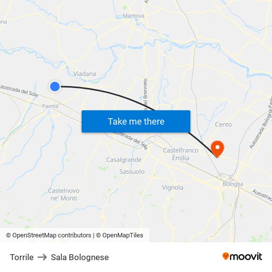 Torrile to Sala Bolognese map