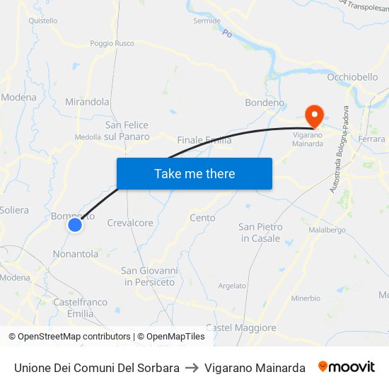 Unione Dei Comuni Del Sorbara to Vigarano Mainarda map