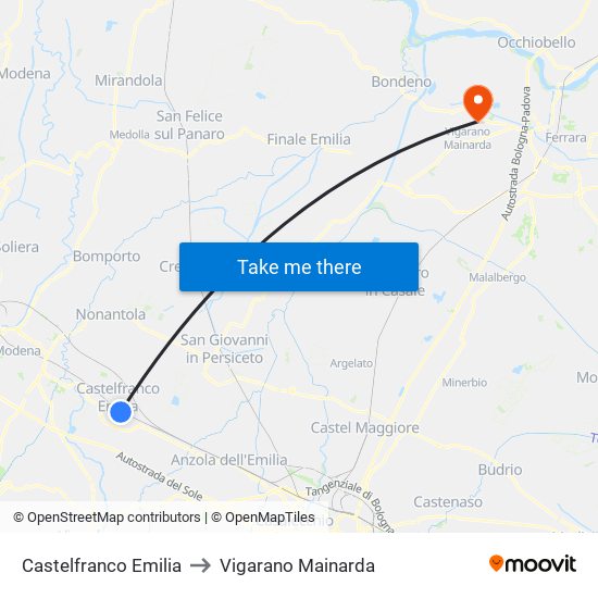 Castelfranco Emilia to Vigarano Mainarda map